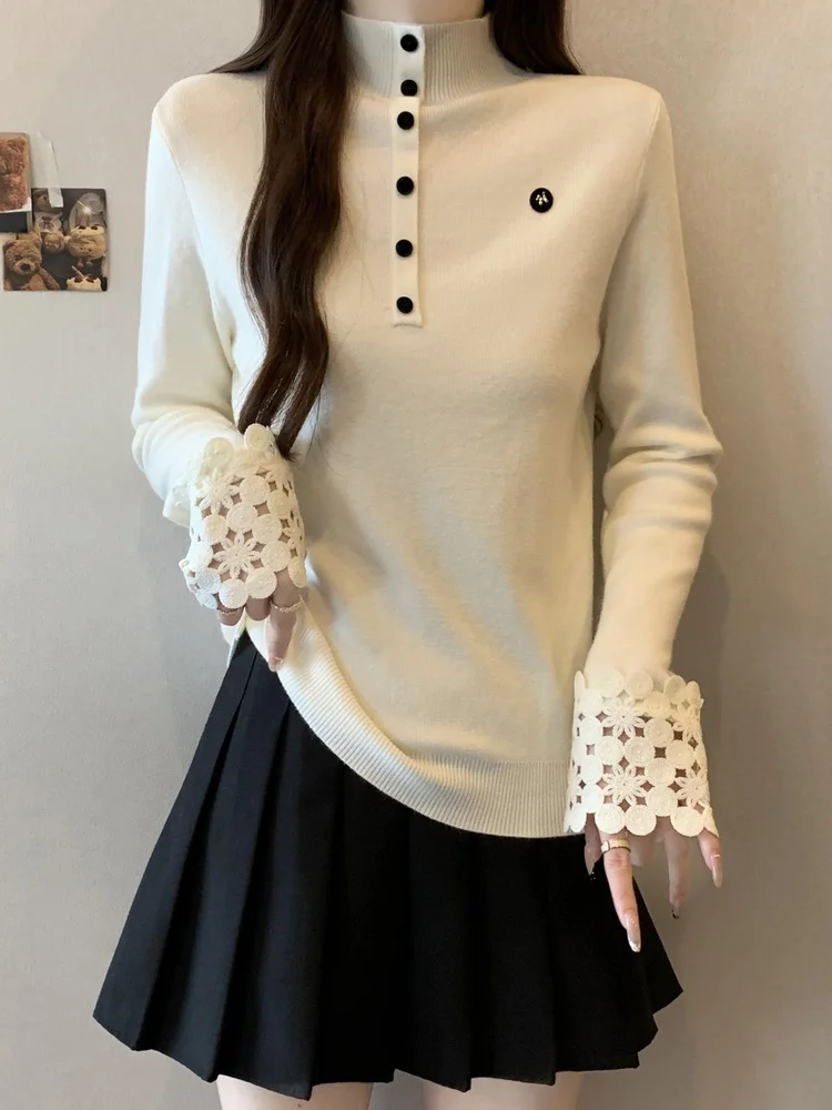 

Loose Knitted Sweater Women's f High Collar Hook Flower Sve Autumn Winter Faion Anti-Aging Knitwear Casual Commute Sle
