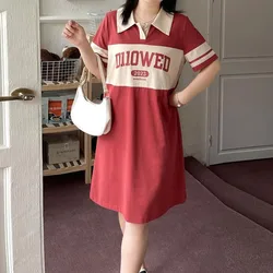 Korean Fashion Letter Printed Spliced Midi Dress for Women Summer Casual Simplicity Turn-down Collar Dresses Female Clothing