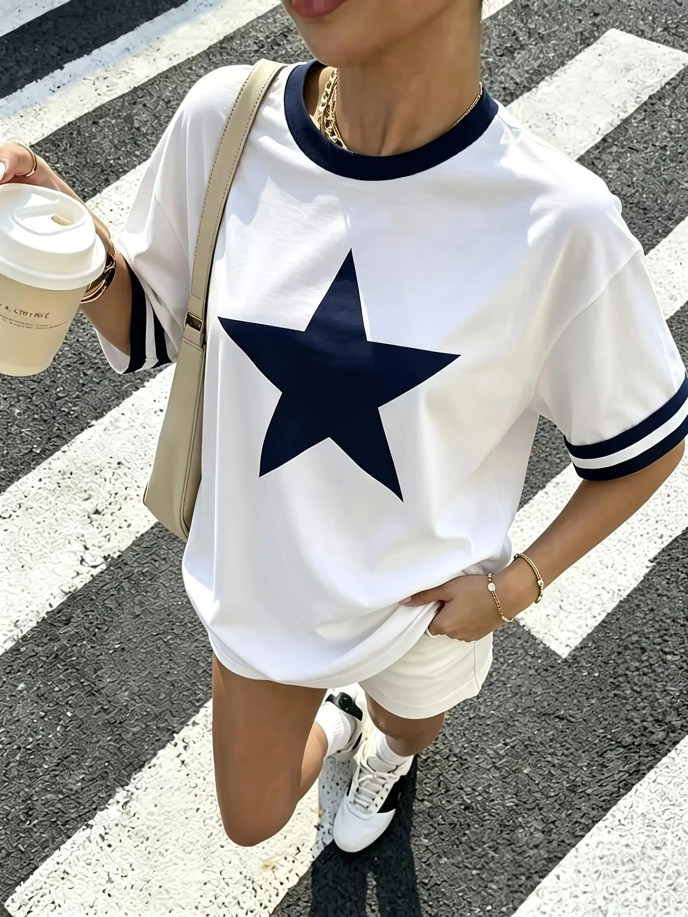 2026 summer popular street casual fashion comfortable 3D five-pointed star pattern printed women's round neck T-shirt