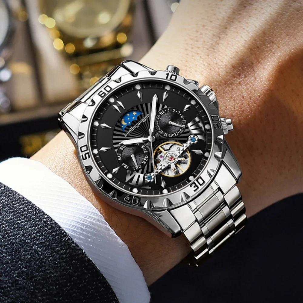 

Многофункциональные деловые повседневные полностью автоматические механические часы, мужские часы, полые светящиеся водонепроницаемые модные высококачественные бестселлеры, мужская модель
