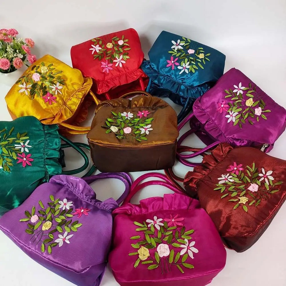 Satin Silk Embroidery Flower Handbag Ruffle Leaf Zipper Flower Wrist Bag Small Purse Wallet Shopping Bag Ethnic Style Tote Bag