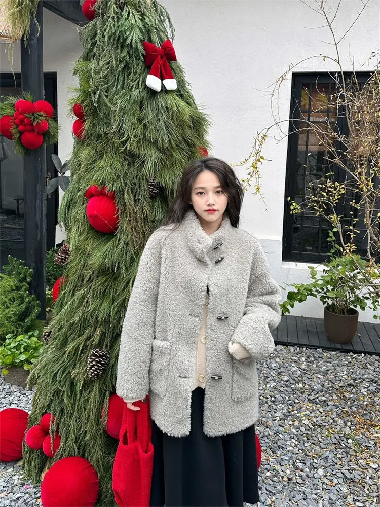 울 혼방 가죽 재킷 여성용 겨울 루즈핏 중간 길이 작은 칼라 버튼 코트 통근용 스타일리시 의상