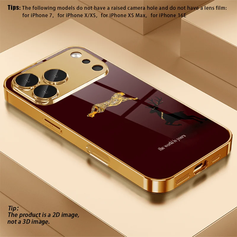 Gold Leopard And Deer Pattern Electroplated Glass Phone Case, suitable for iPhone 18, 17, 16, 15, 14, 14plus, 13, 12, 11, etc.