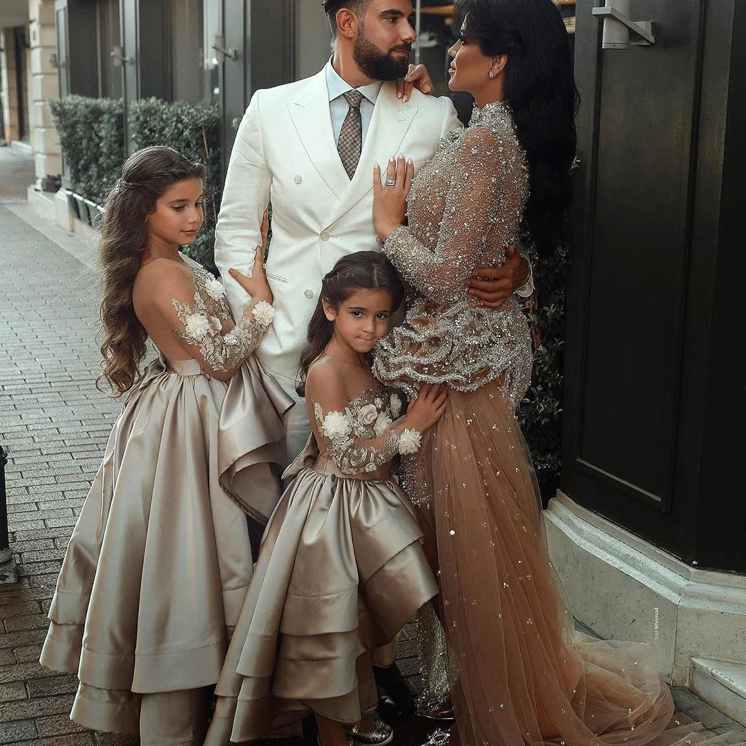 Vestidos de flores para niña, apliques de encaje blanco, manga larga para boda, fiesta de cumpleaños, banquete, primera comunión