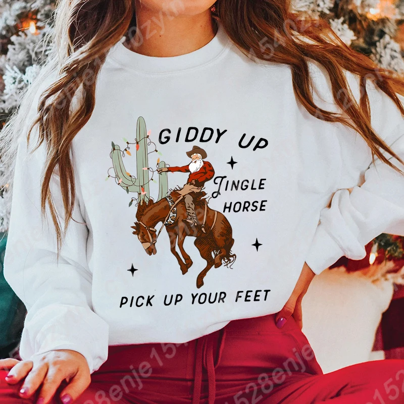 Cowboy Christmas Sweatshirt For Women, Giddy Up Jingle Horse Pick Up Your Feet Sweatshirts, Crew Neck Long Sleeves Pullovers