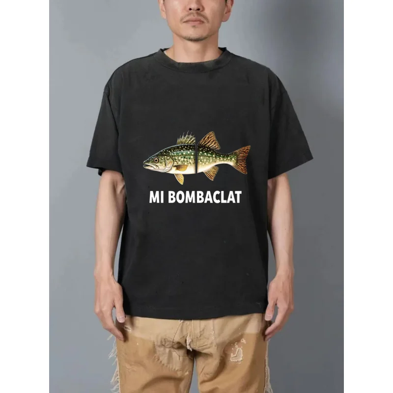 

Мужская стираная футболка с принтом черной рыбы MI BOMBA CLAT, высокое качество, 100% хлопок, 230 г