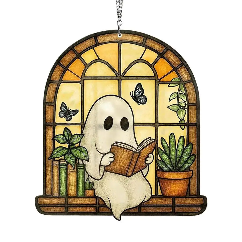 

Acrylic Halloween Ghost Window Hanging Blue Bathtub & Witch Hat Design Cute Ghost in Reading Book Pendant Spooky Wall Decor Gift