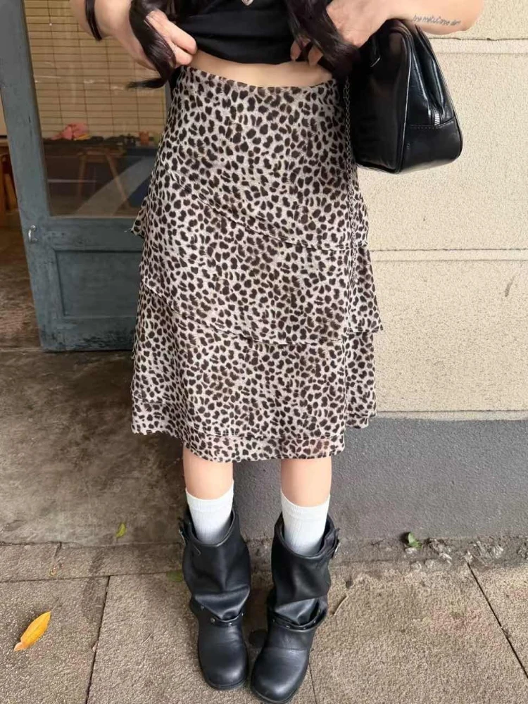 

Deeptown Korean Style Leopard Print Skirts Women Vintage Elegant Sweet Plaid Skirt Y2k Harajuku Fashion Streetwear Ruffle Skirts