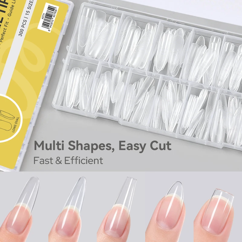 BORN PRETTY 300Pcs Press On Nail Tips Long Oval Full Cover Almond Coffin French False Fake Nails For Gel Nail Extension Tools