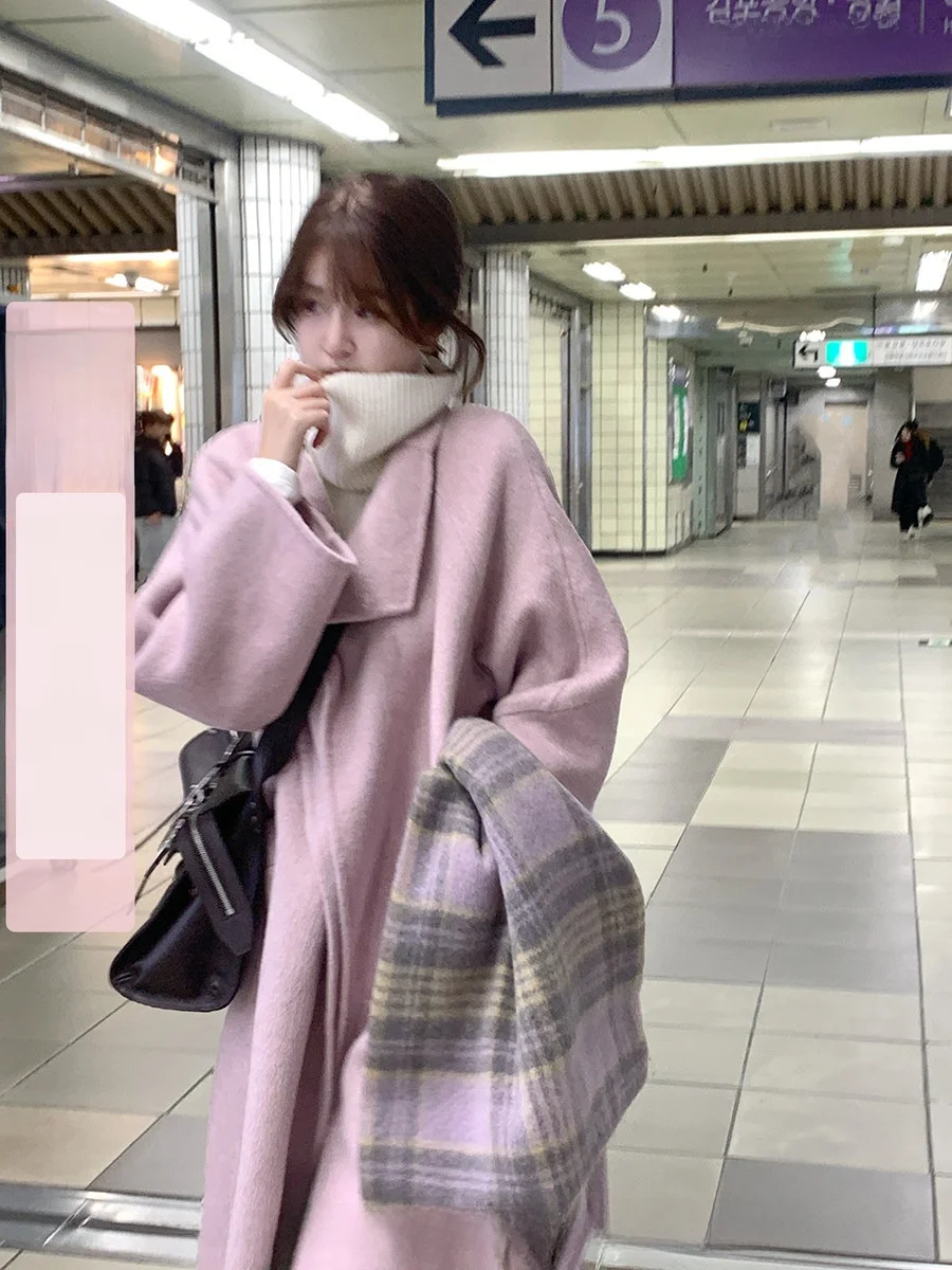 

CallmeEar Long Double-Faced Woolen Coat High Collar Sweater Inner Wear Casual Sle Loose Fit Winter New Arrival for Young Women