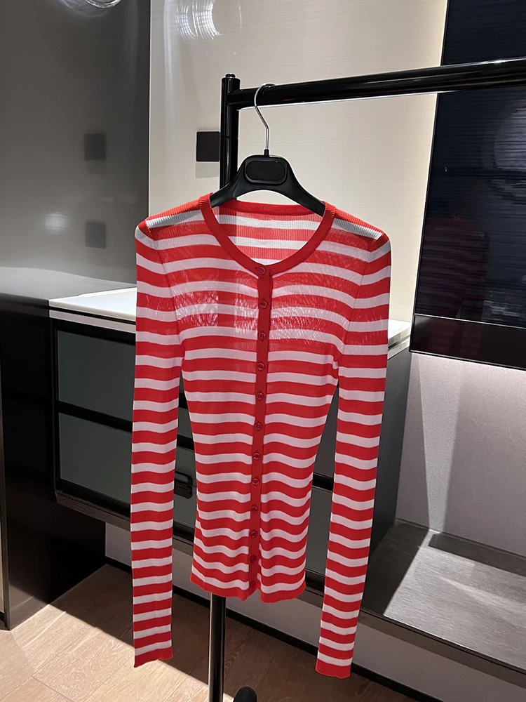 

Spenneooy Runway Designer Spring Fashion Striped Knitting Cardigan Women's O-Neck Long Sleeve Single Breasted Thin Style Tops