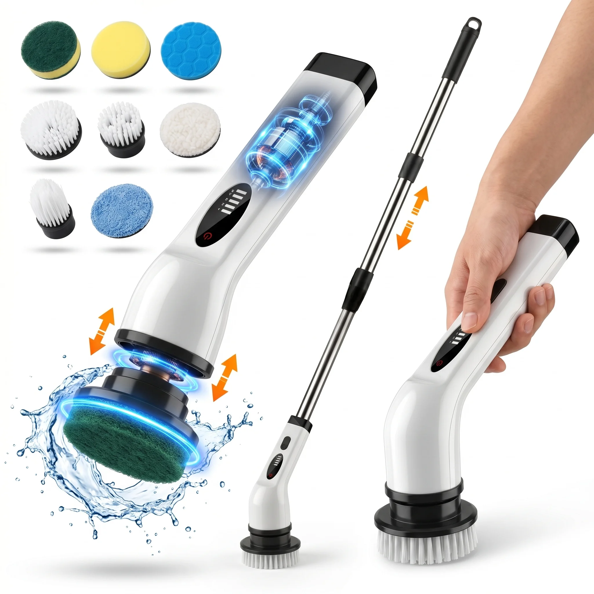 8-in-1 Electric Cleaning Brush, Cordless Power Scrubber with Long Extension Handle, Multi-purpose Cleaner for Tub, Tile & Kitche