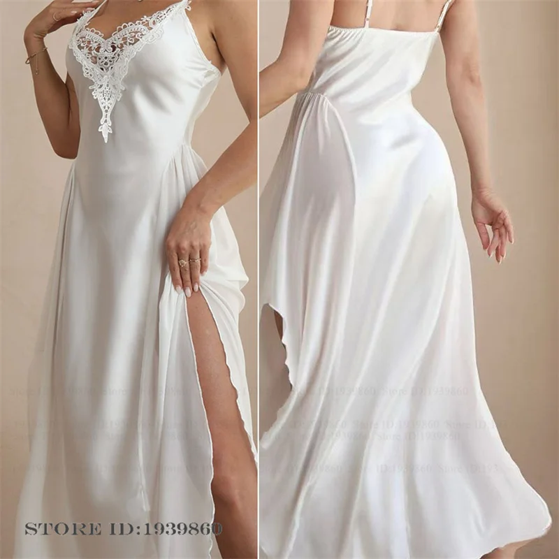 

Sexy Lace Female Long Nightgown Lingerie Elegant Ice Silk Patchwork Sleepwear Home Dress Summer Suspender Nightdress Lounge Wear