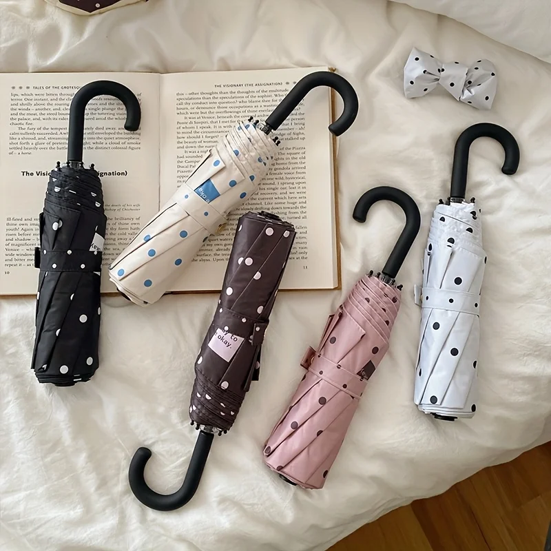 Stylish Round Dot Umbrella with U-Shaped Handle Compact Folding Umbrella for Women Sun 8-Rib Manual Open/Close Compact Travel