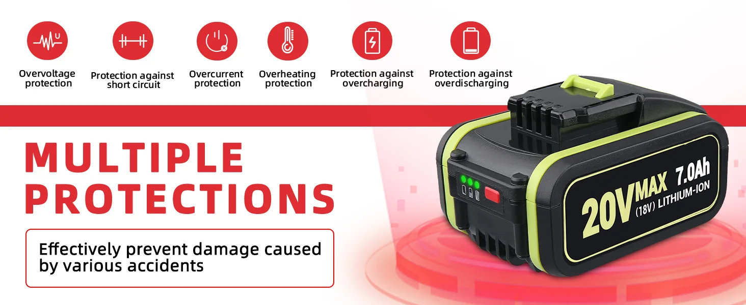 1/2/4Pcs 7.0Ah WA3551 Replace for Worx 20V Li-on Battery Pin WA3553 WA3556 WA3570,Compatible with WX390 WX178 Cordless Tools