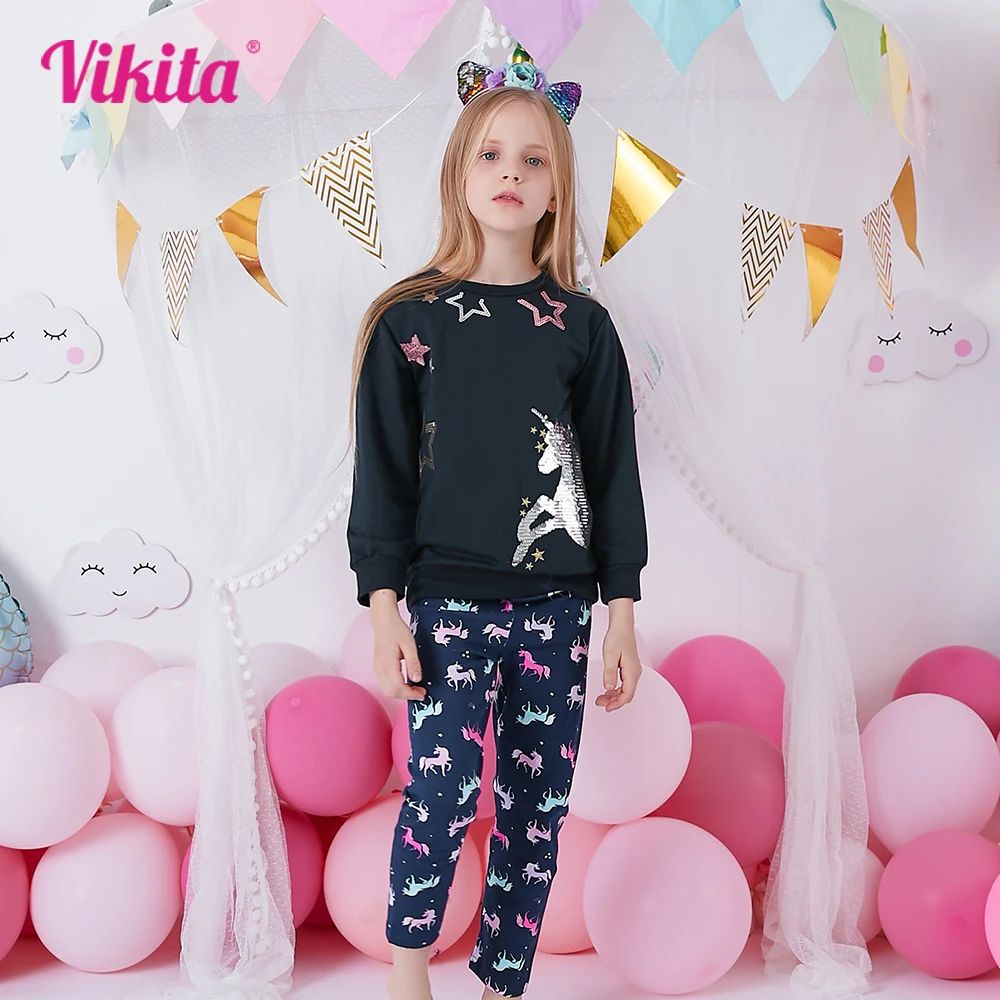 VIKITA Girls Clothing Sets Kids Unicorn Star Sequined Appliqued Cotton Sweatshirt and Skinny Pants Trousers 2 Pcs Clothes Sets