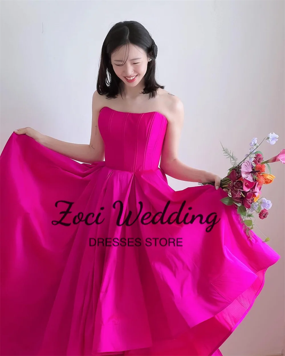 Zoci gorący różowy krótki Korea linia suknie ślubne gorset bez ramiączek wydajność suknia wieczorowa dostosowana suknia ślubna do sesji zdjęciowej