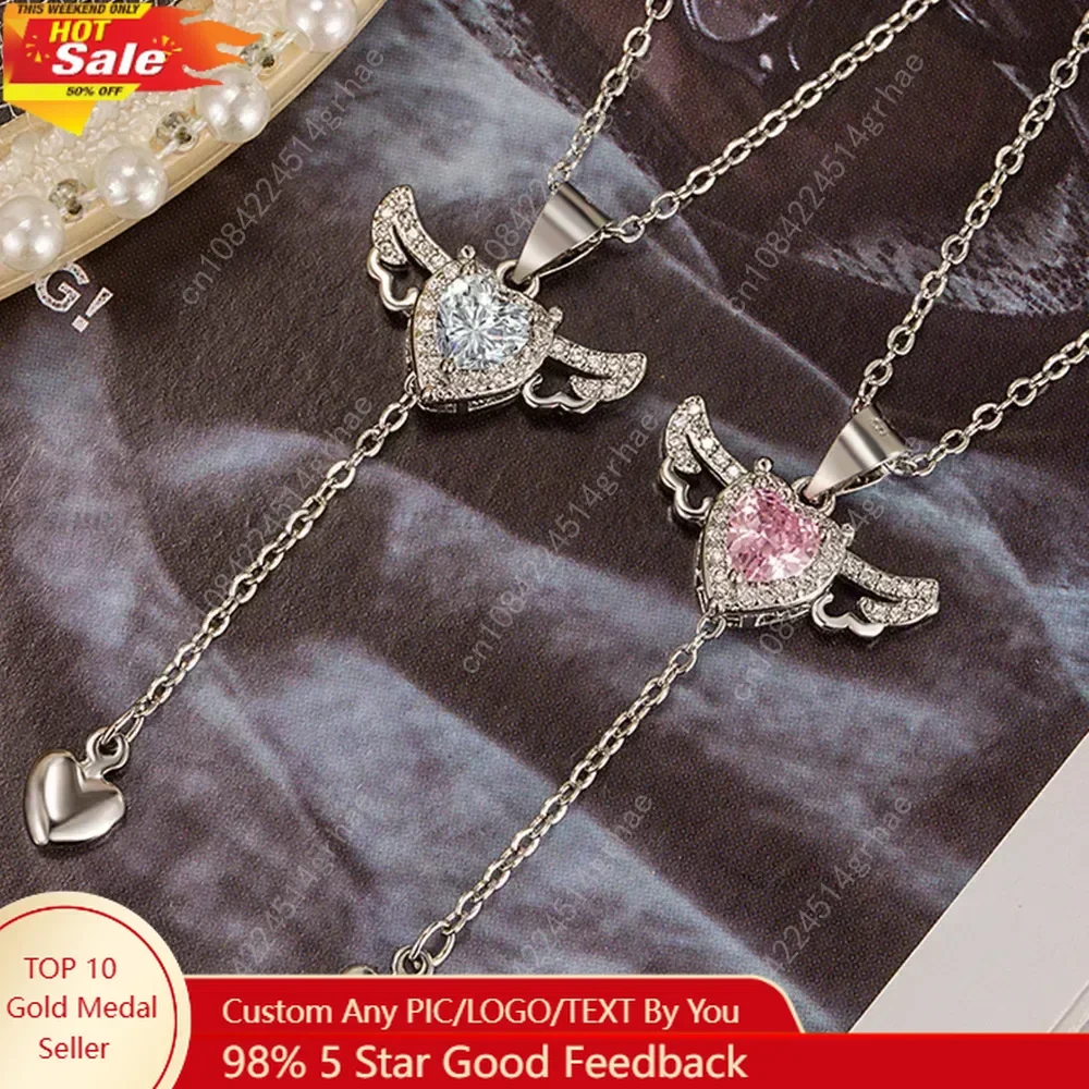 

925 Sterling Silver Heart Angel Wings Pendant Choker Necklaces For Women Aesthetic Jewelry Accessories Money Jewellery