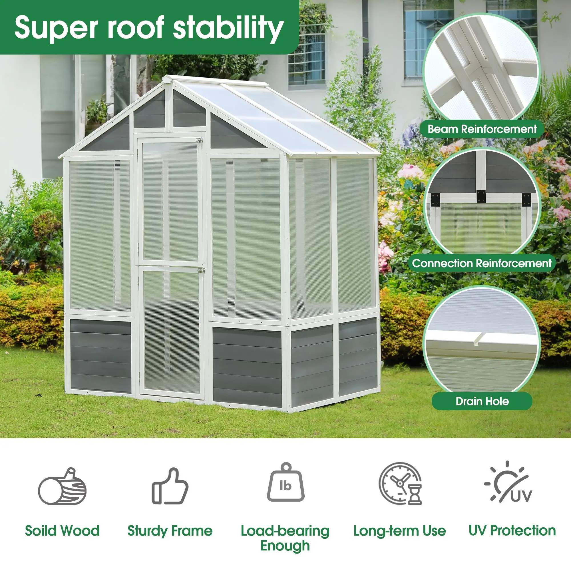 Wooden Polycarbonate Greenhouse 76''x48''x86'' - Walk-in Outdoor Plant Shed for patio & Backyard Gardening