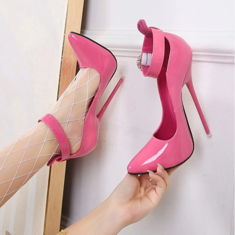 

Woman Crystal Buckle Strap 16cm Thin Heel Shoes Nightclub Party Crossdressing Pumps Pointed Toe PU Sexy Large-size Single Shoes