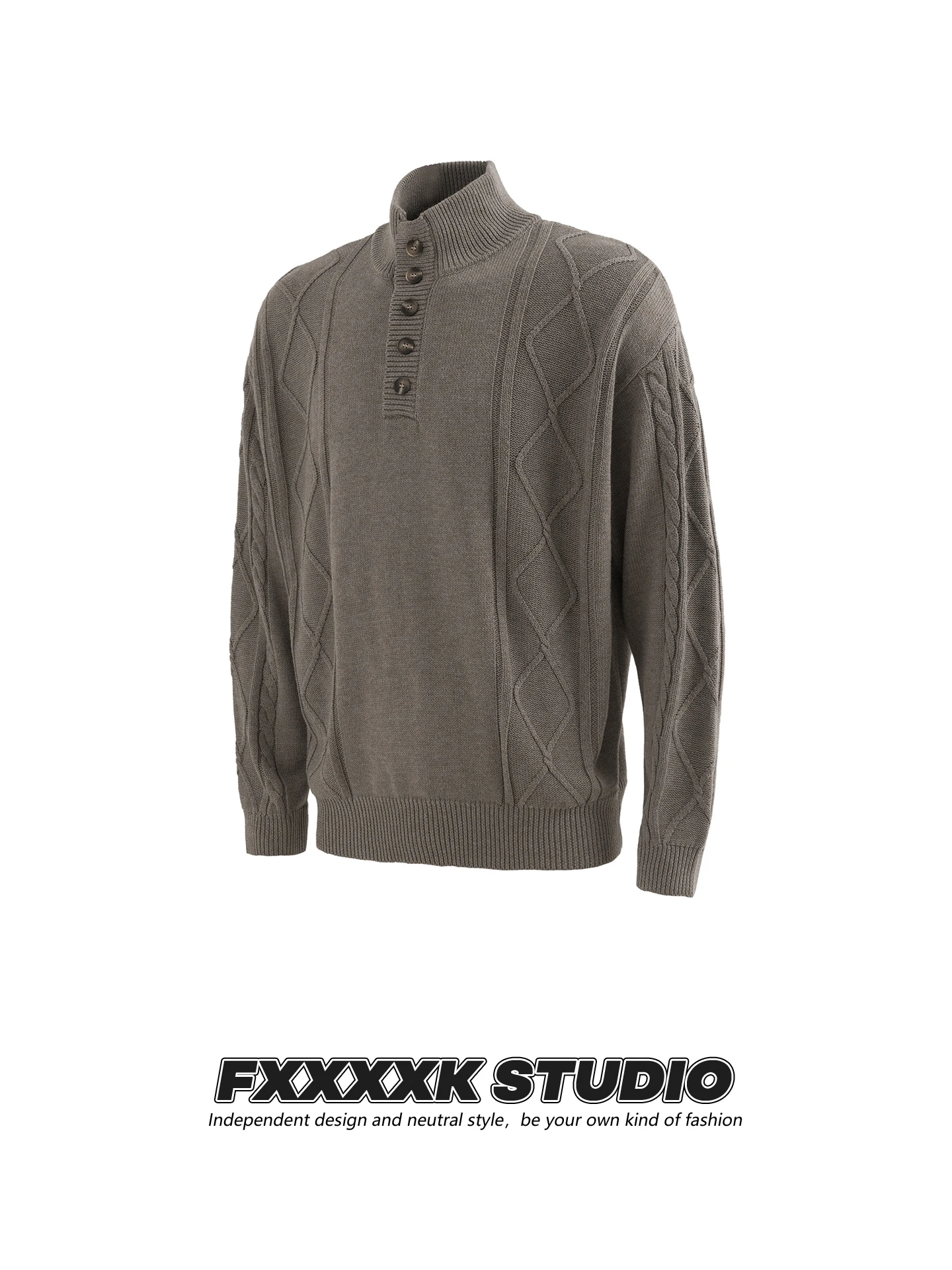 

Original FXK Retro American Trendy Brand Knitted Sweater Men's Faion f High Collar Henry Collar Knitwear Warm Regular Fit