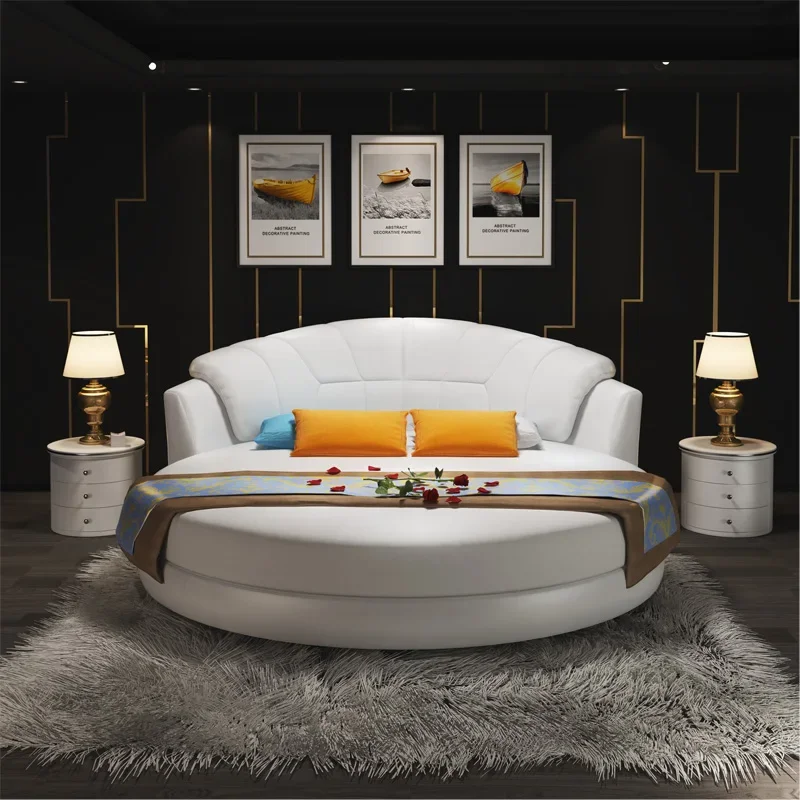 Round bed double luxury master bedroom round princess wedding  modern minimalist hotel couple fun leather big