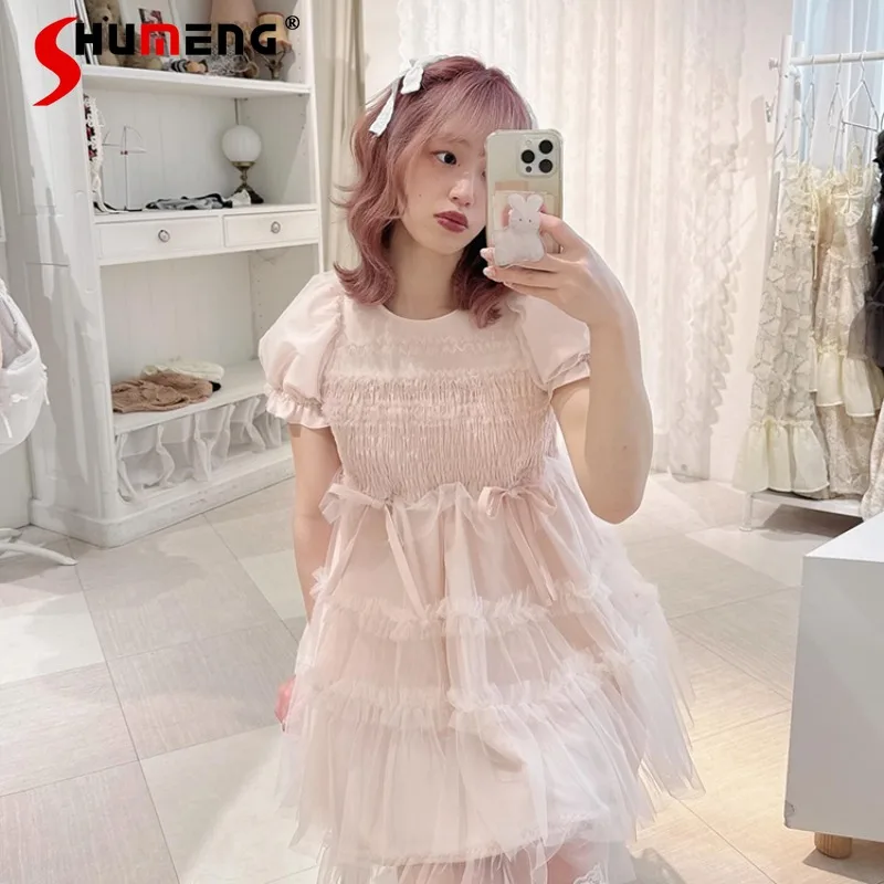 Sweet Cute Dress Japanese Lolita Style Elegant Sheer Puff Sleeves A-Line Short-Sleeved Tie Waist Short Dresses Kawaii Vestidos
