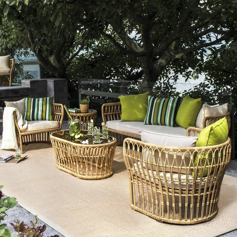 Vine woven outdoor single and double sofas, adult coffee table, leisure garden furniture combination, terrace, PE rattan chair