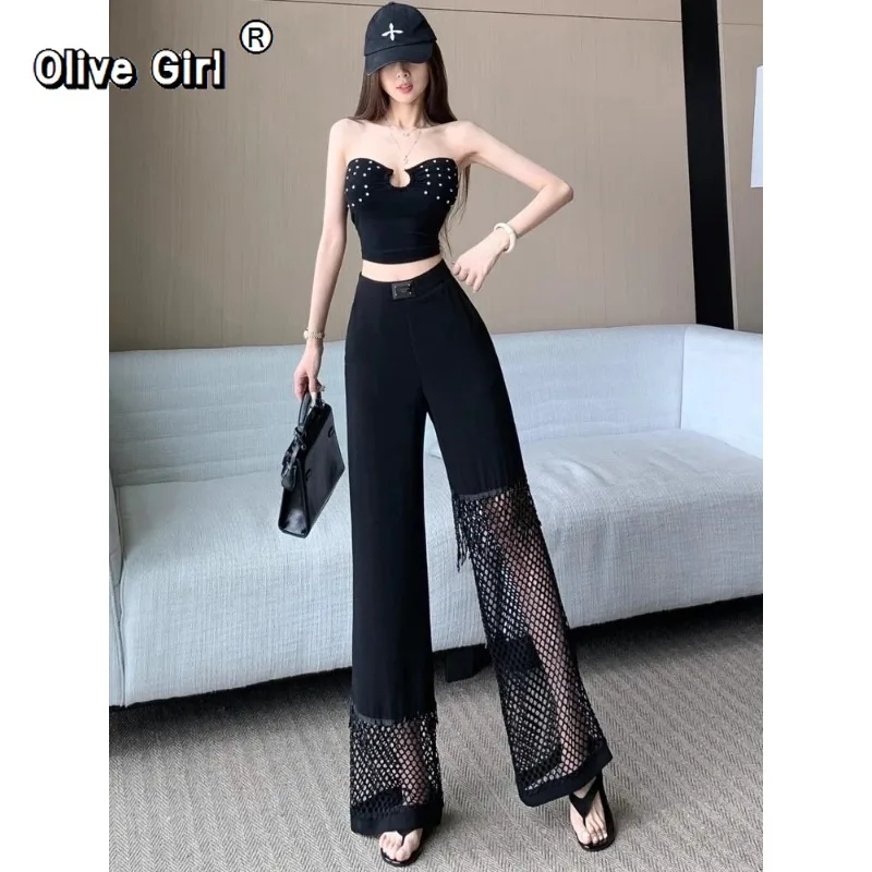 Olivegirl pantalon noir maille grille épissage évider pantalon Sexy jambe large pantalon femmes été gland clouté taille haute plancher