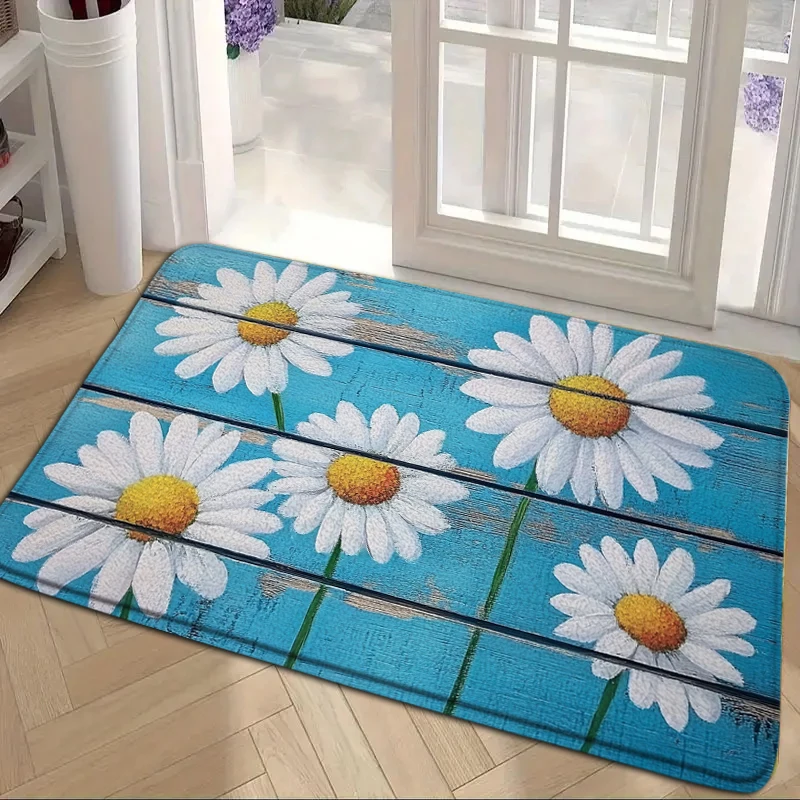 3D Floral Non-Slip Washable Doormat Welcome Mat with Wood stripe Pattern Rug for Home Garden and Living Spaces Machine Carpet