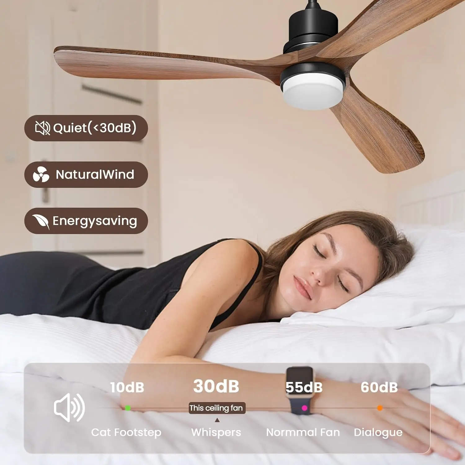 Obabala-Ventilador de teto controle remoto com luzes, ventiladores de madeira ao ar livre, silencioso e reversível DC Motor,