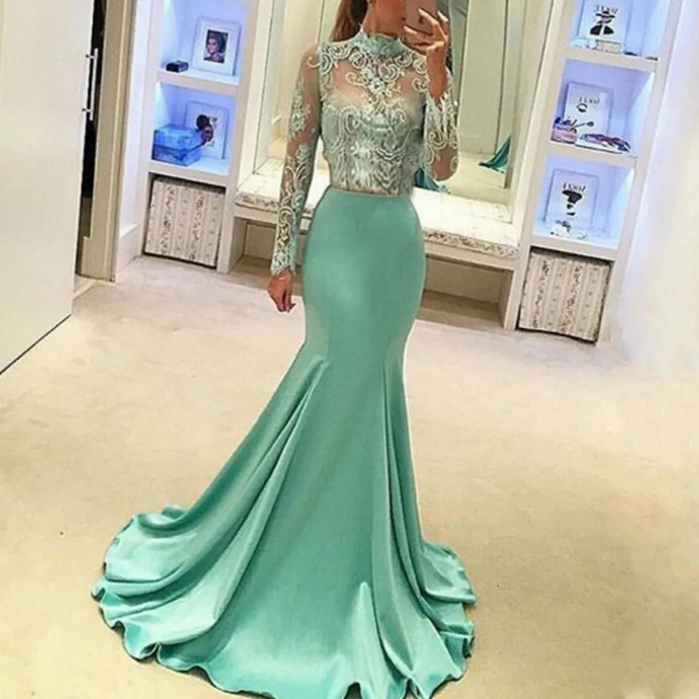 Vestido de noche de talla grande para mujer, traje verde de manga larga, elegante, de sirena, para fiesta y graduación, para boda, 2023