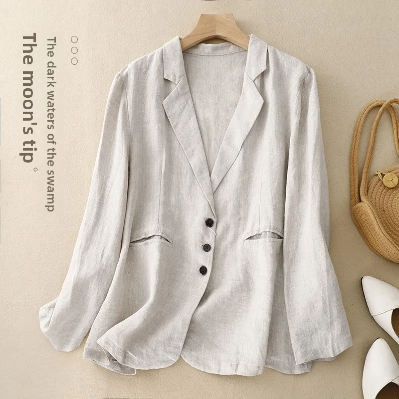 

Retro Pure Color Linen Suit Jacket Women's Spring Autumn Loose Slimming Casual Western Style Open Cardigan Top