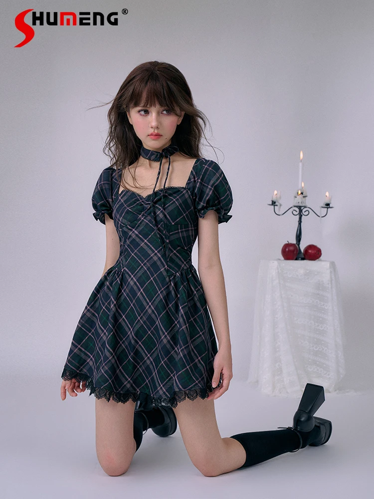 Japanese Style Sweet Cool Girl Plaid Lace-up Choker Square Collar Puff Sleeve High Waist A-line Lace Stitching Short Dress Women