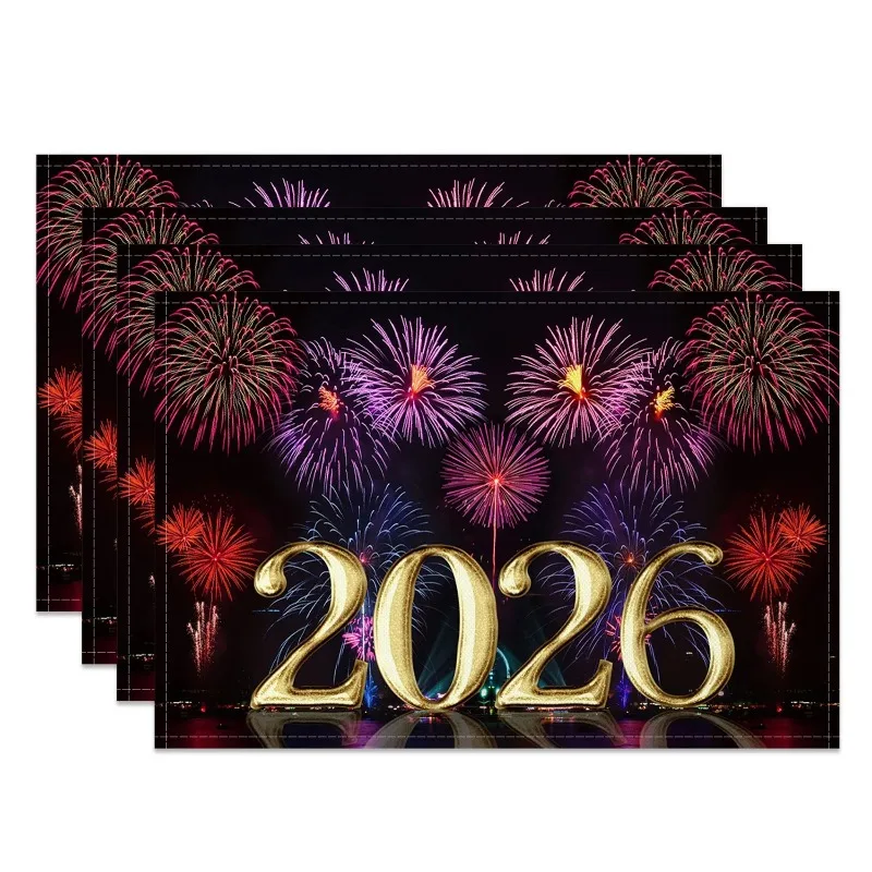 4/6/8pcs 2026 New Year Glitter Placemat Firework Design Festive Dining Table Decor Shimmering Celebration Christmas Dinner Mat