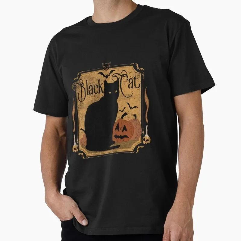 Vintage Black Cat and Pumpkins Halloween Gift T Shirt Funny Cat Lover Tee Unisex Trick or Treat Costume Party Short Sleeve Tops