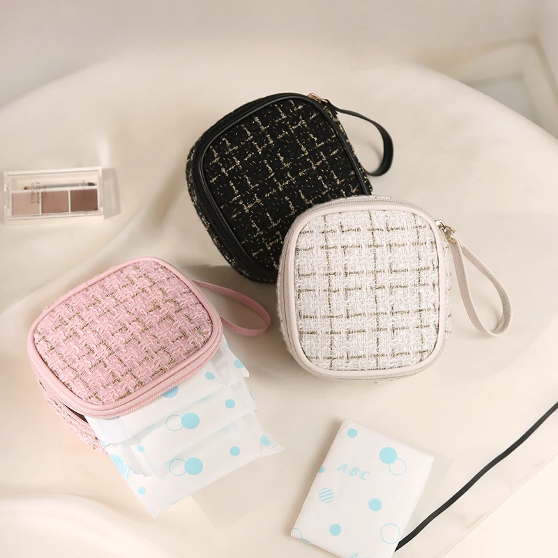 Small Square Lipstick Toiletry Makeup Case Large Capacity Plaid Storage Bags Money Cards Pouch Tampon Sanitary Napkin Organizer