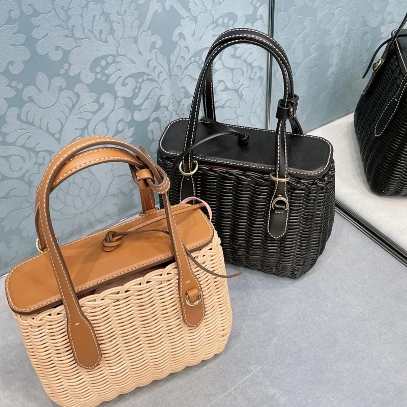 

New Bamboo Woven Basket Bag French Rattan Weave Handbag Shoulder Crossbody Women's Bag Real Leather Flap Pocket Outing Sling Bag