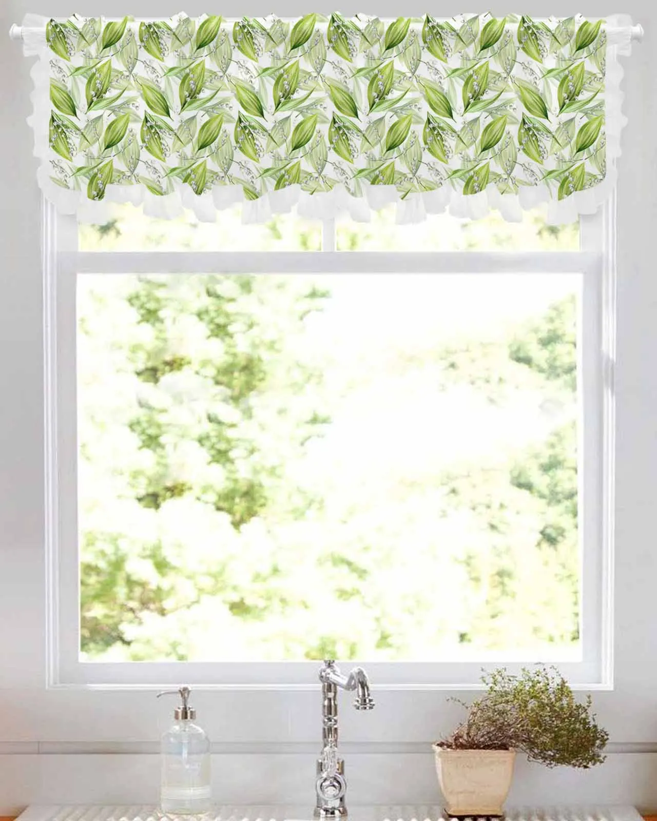 Lily Of The Valley Watercolor Flower Short Tulle Half Curtains for Living Room Kitchen Door Cafe Window Sheer Valance Drapes