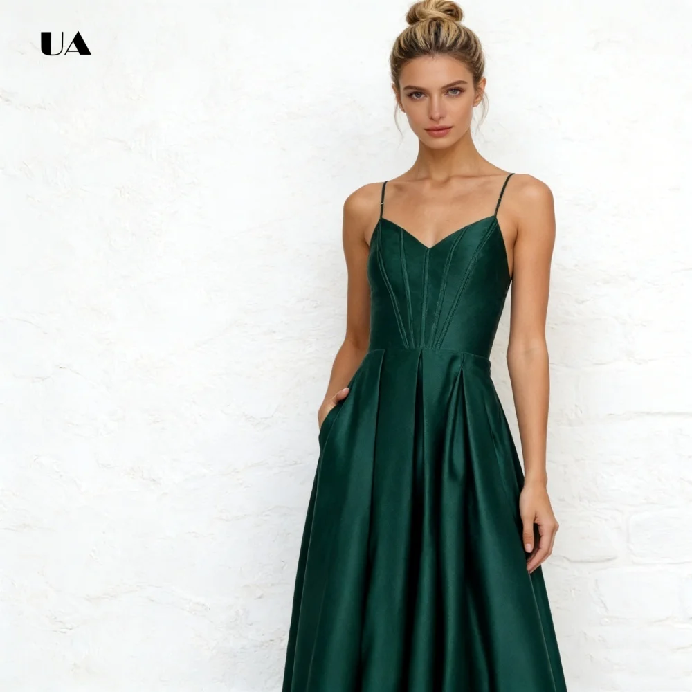 Semplice abito da ballo a trapezio con spalline sottili Abito da sera con lacci solido con tasche laterali Abito da festa classico personalizzato in raso