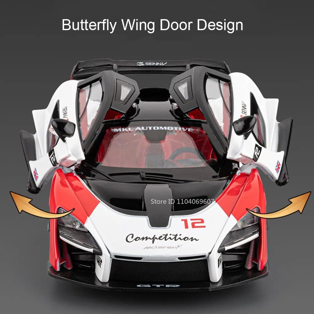 Modelo de Carro Esportivo Senna P1 em Escala 1:24, Miniatura de Supercarro em Liga Diecast com Som, Luz e Portas que Abrem, Item Colecionável