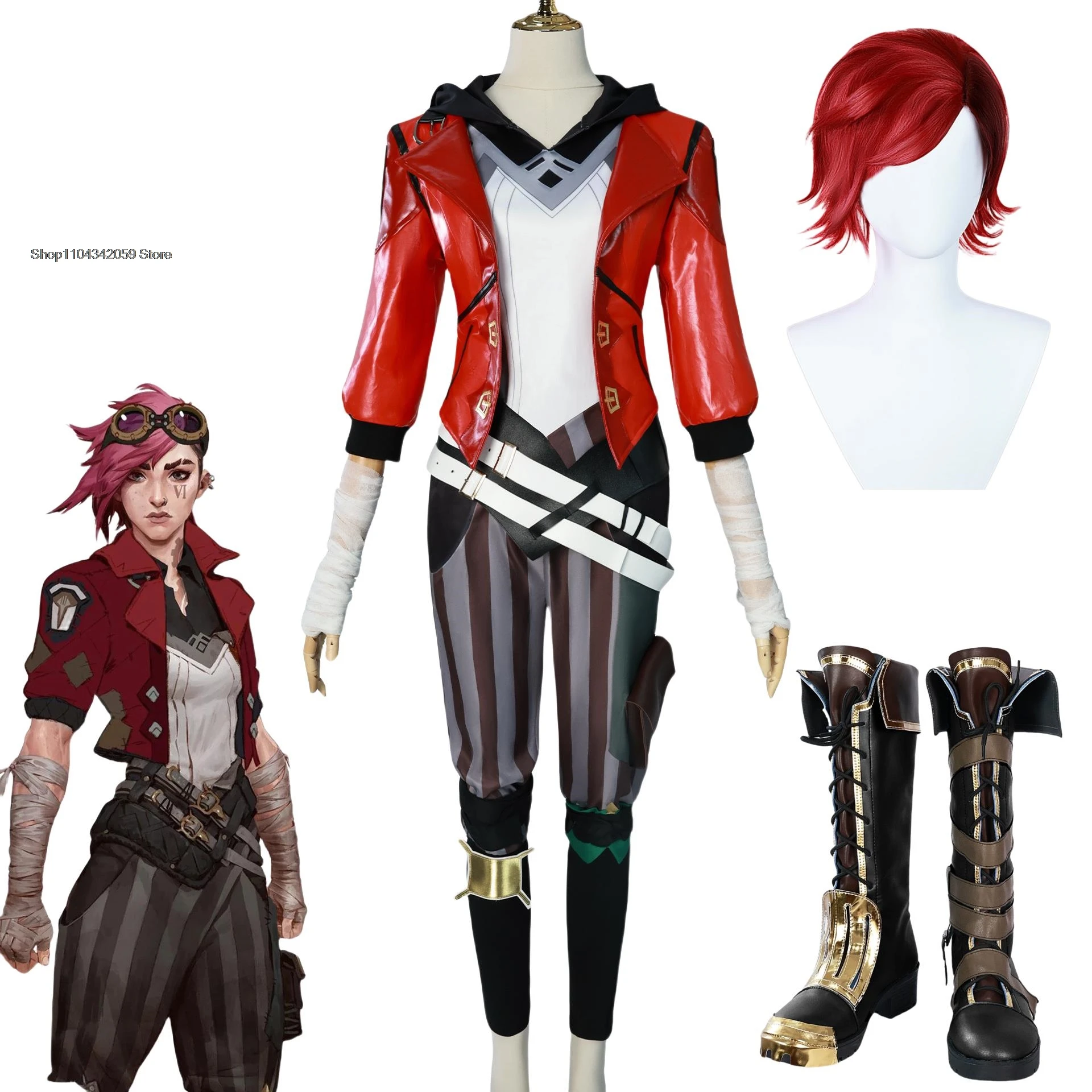 Vi Cosplay Vi Wig Vi Acrane Cosplay LOL Costume Game Arcane Shoes Outfits Halloween Carnival Suit Women Halloween Cosplay Suit