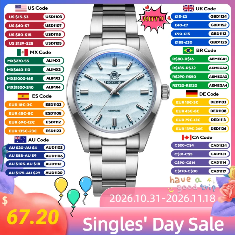 ADDIESDIVE 36mm Bubble Mirror Glass Women's Diver Quartz Watch 316L Stainless Steel 100M Waterproof Wristwatches Fashion Watches