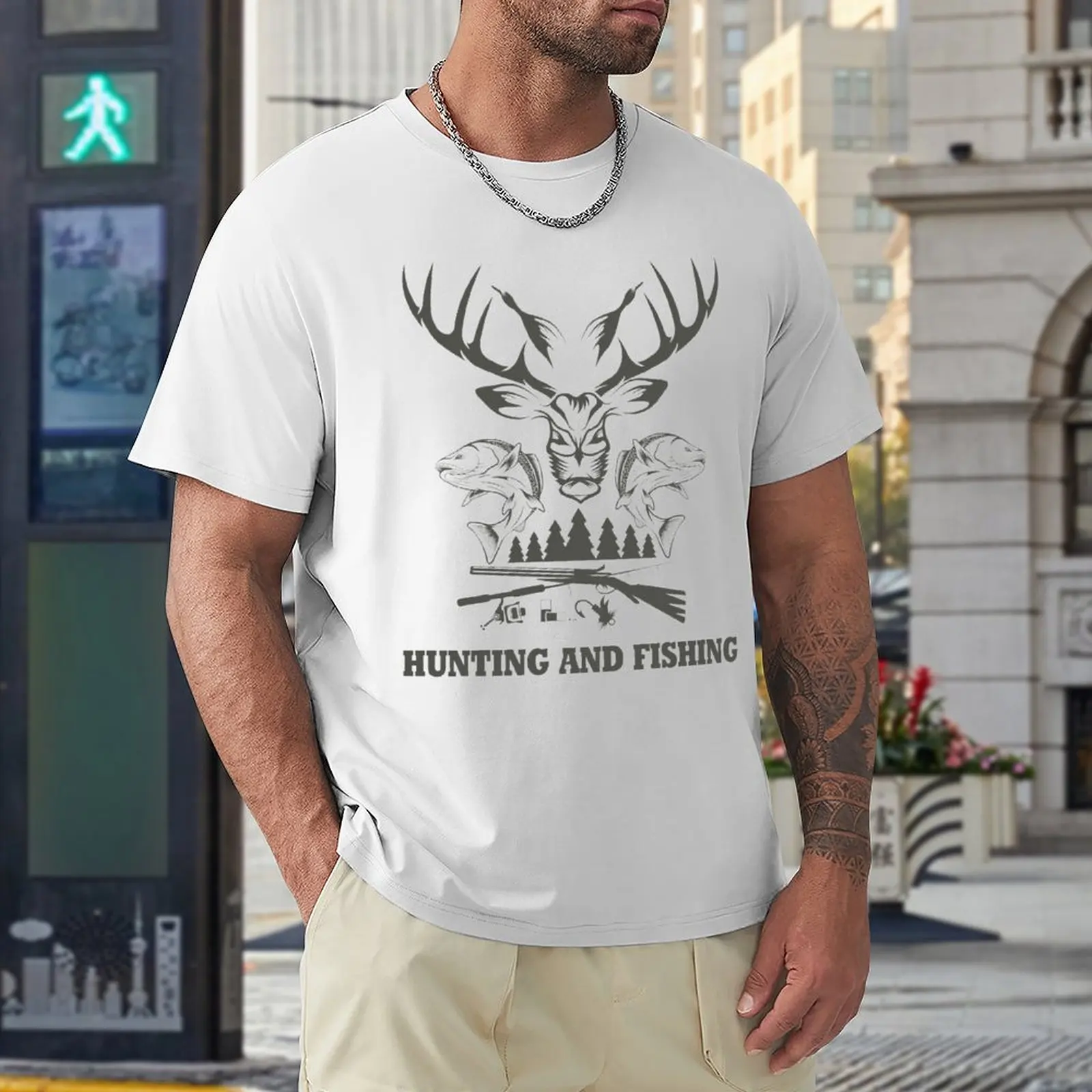 Round Neck Hunting And Fishing in Vintage Emblem Design Antler Horns Mallard Pine Tree (3) T-shirt  Movement Top Tee Premium Fun