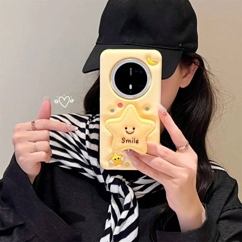3d Star Stand Case For Huawei Pura60 70 80 Pro Cute Phone Case For Huawei Mate 60 70 Pro Case Yellow Funny Cartoon Back Cover