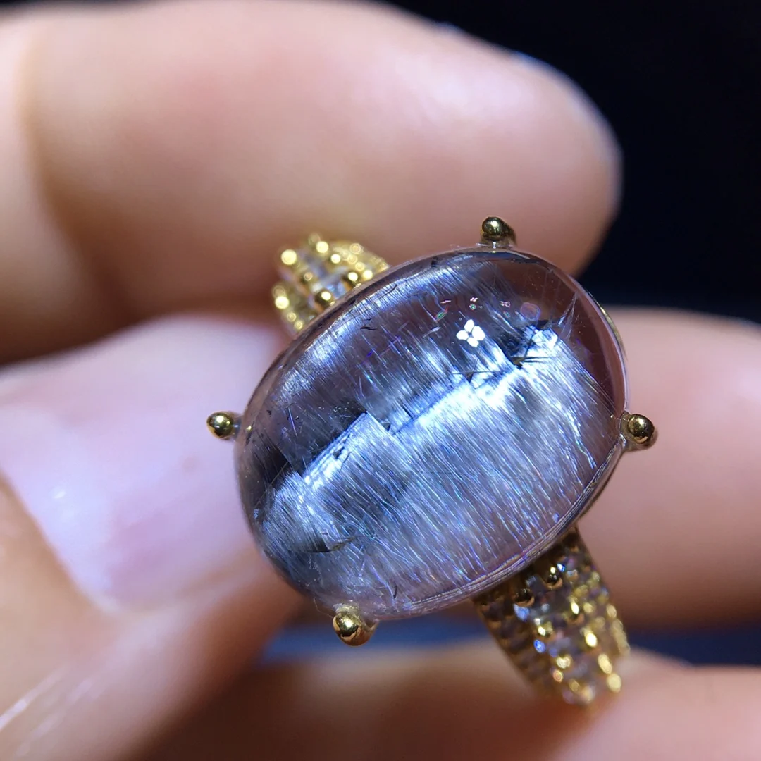 

Natural Brookite Platinum Rutilated Quartz Ring 13.6/10.4mm 925 Silver Woman Men Water Drop Lucky AAAAA