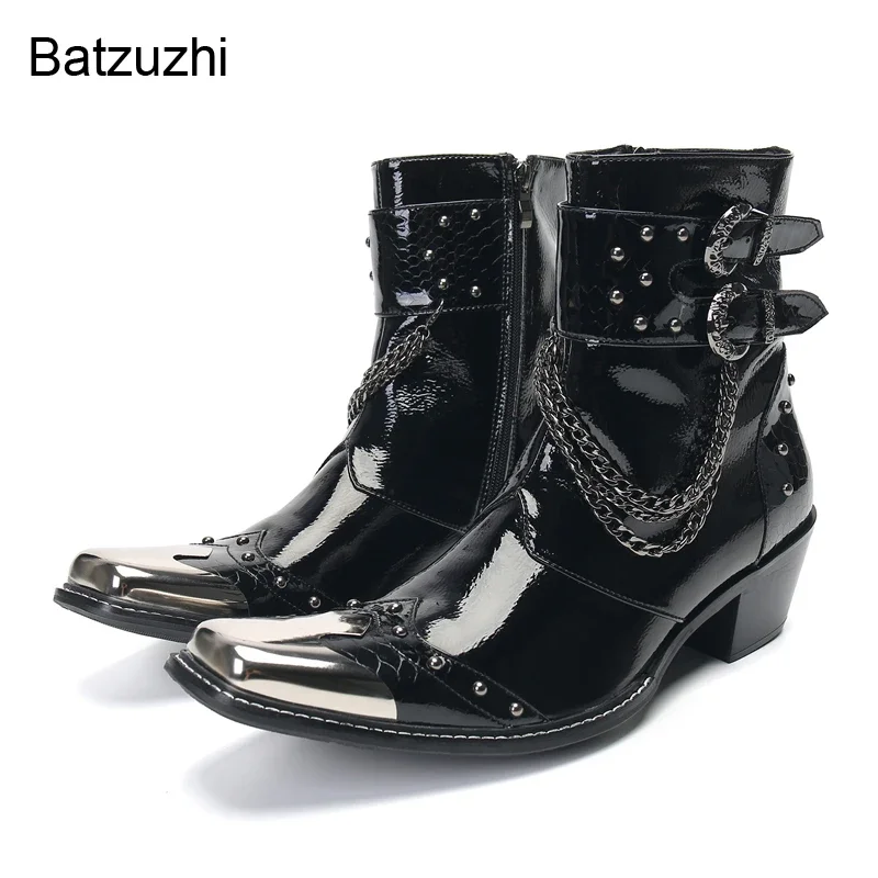 

Batzuzhi Luxury Rock Motorcycle Boots Men Black Genuine Leather Pointed Toe Buckles Chians Punk Biking/Party Boots for Men