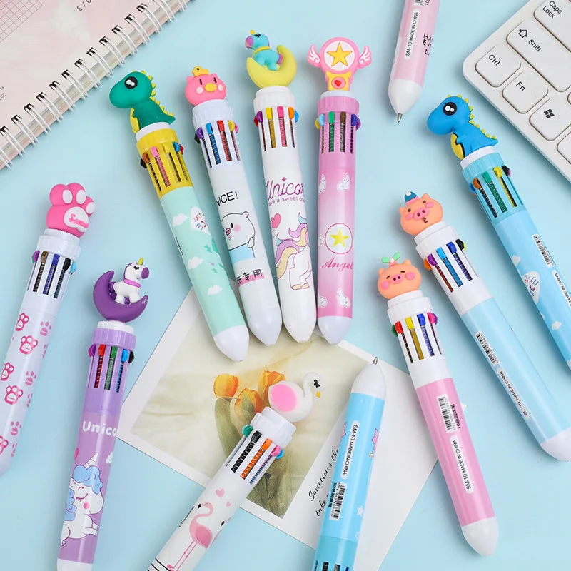 

12 Pcs Cute Stationery Ten Color Press Ballpoint Pen Cartoon Student Color Handheld Account Pen Girl Heart Multi Color