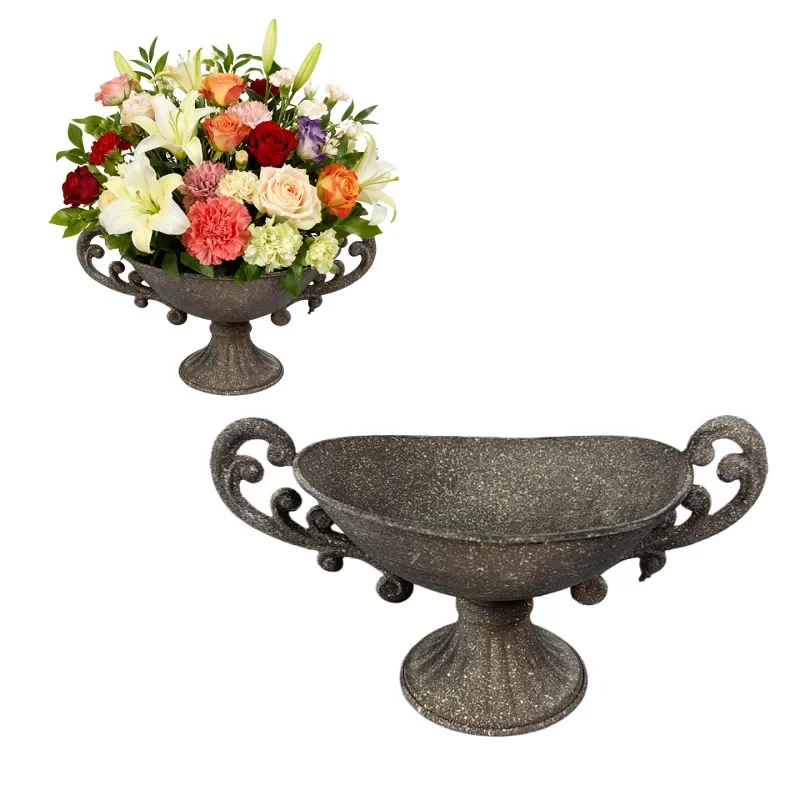 Country Style Wide-mouth Flower Pot Vintage Gray Double-Eared Vase High-end Iron Art Floral Arrangement Garden Greenery Pot
