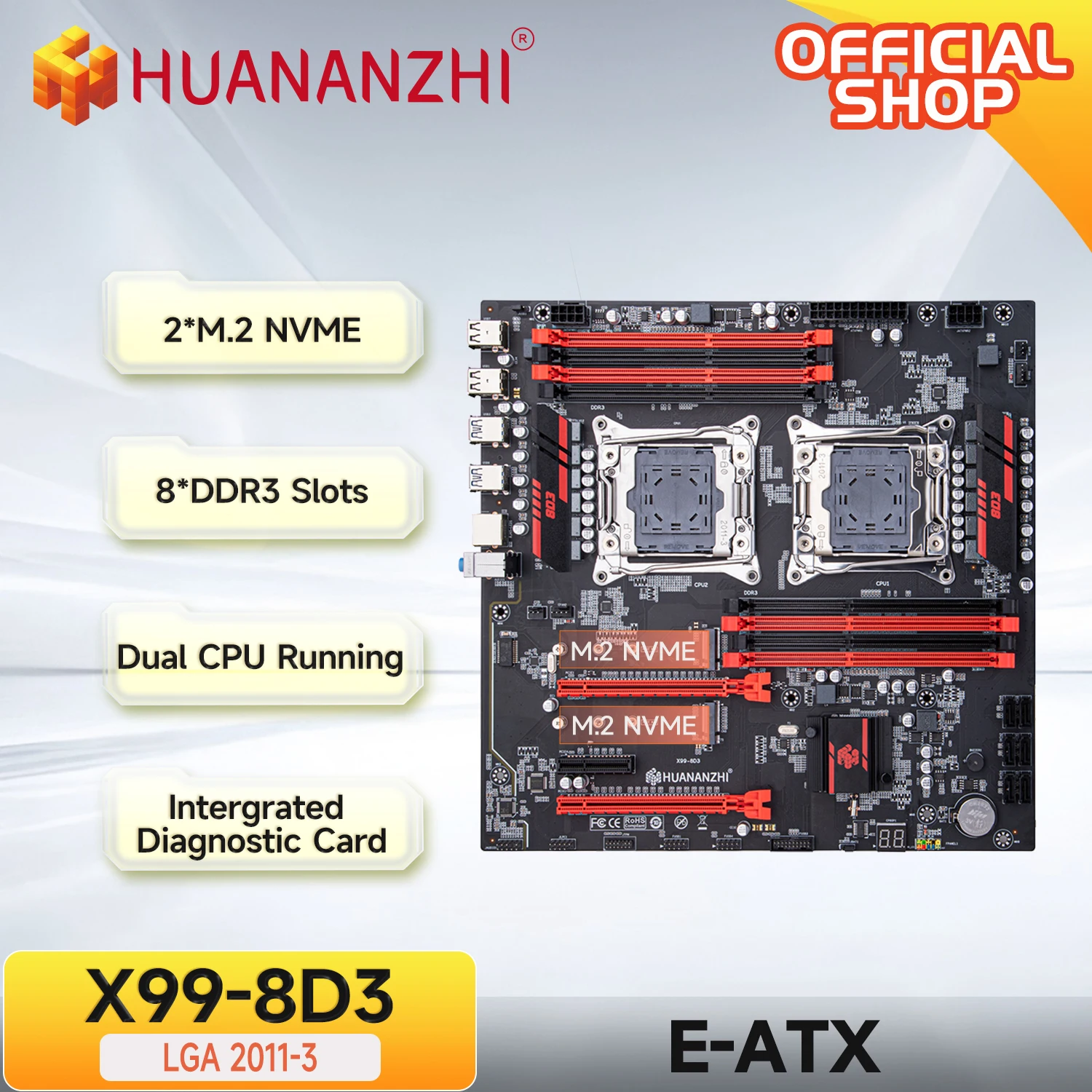 HUANANZHI X99 8D3 LGA 2011-3 XEON Motherboard Dual CPU Support LGA 2673 2676 2666 2678 2696 E5 V3V4 Memory DDR3 RECC M.2 NVME RU